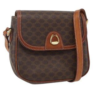 Authentic CELINE Macadam Canvas Shoulder Bag PVC Leather Brown Gold